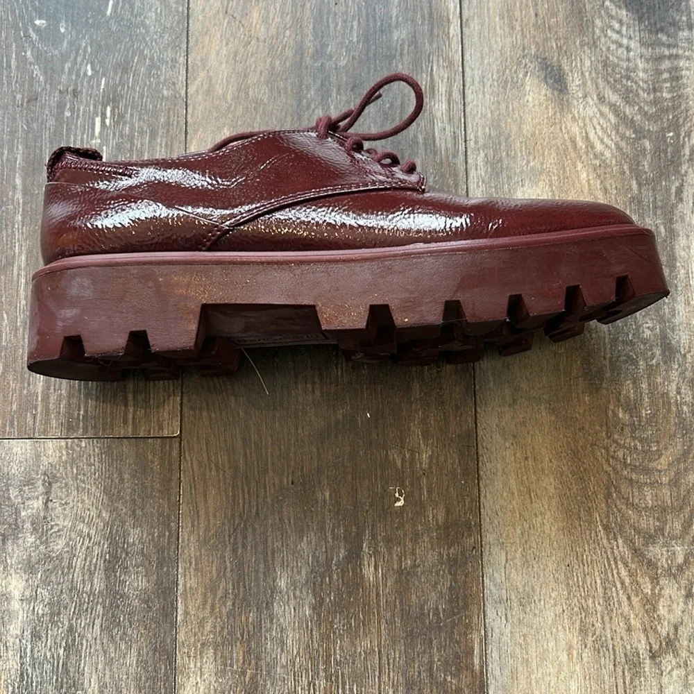 Franco Sarto Red Wine Patent Leather Oxfords with Lace-Up Design